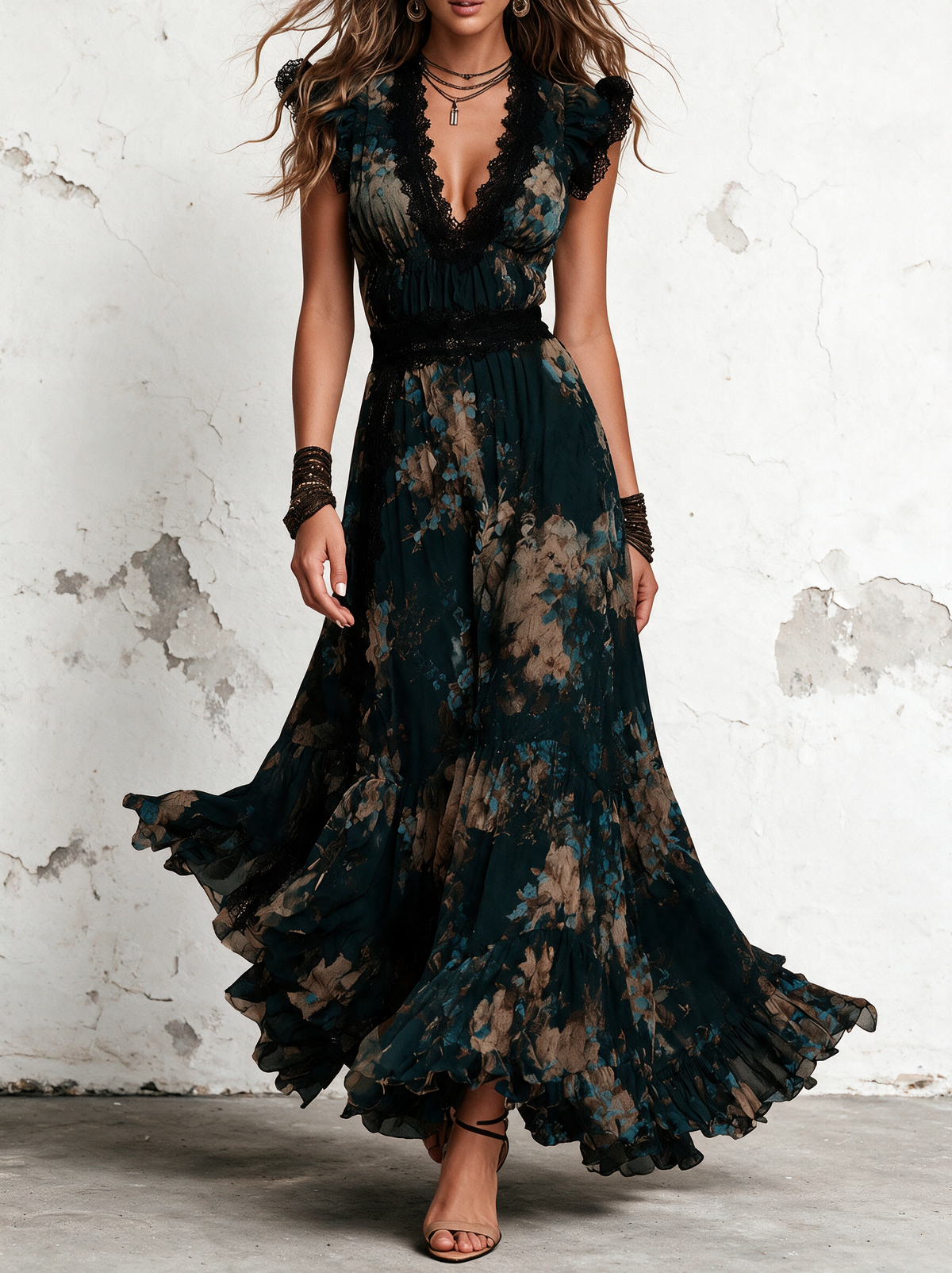 Rosangela | Abito maxi in chiffon vintage verde scuro con pizzo floreale