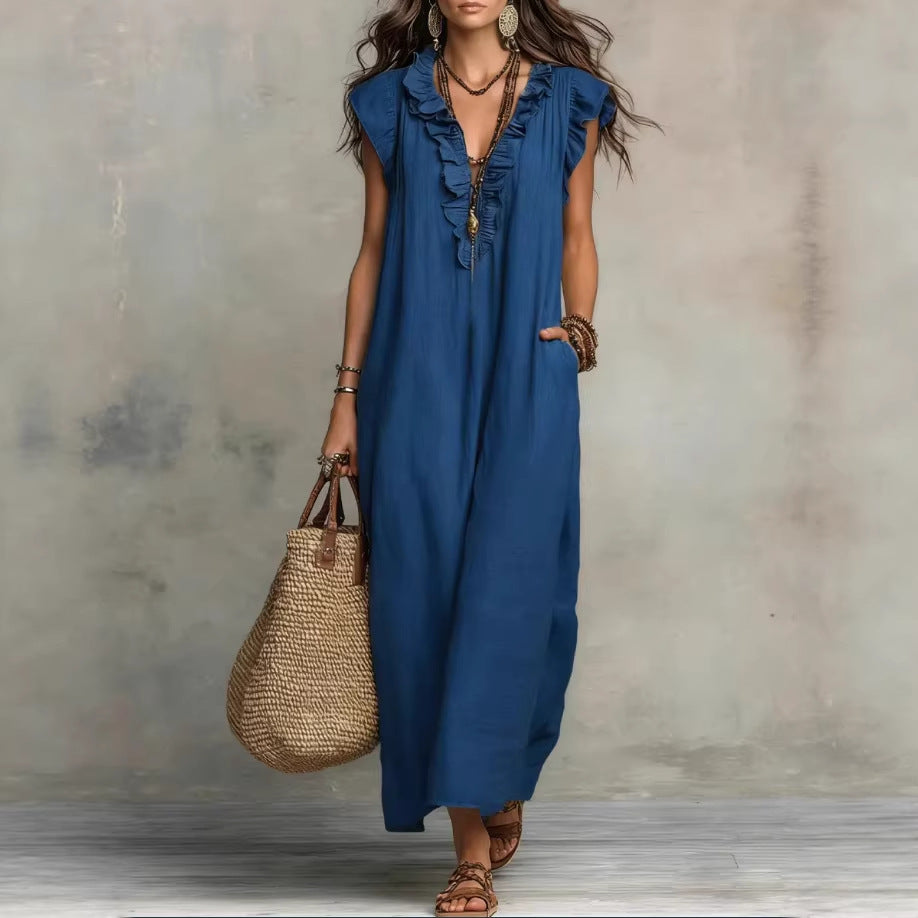 Vestido largo sin mangas para mujer: volantes elegantes y bolsillos prácticos