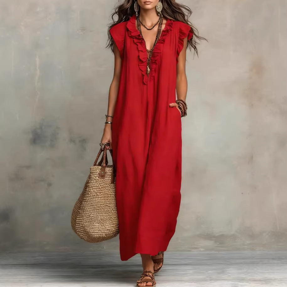 Vestido largo sin mangas para mujer: volantes elegantes y bolsillos prácticos