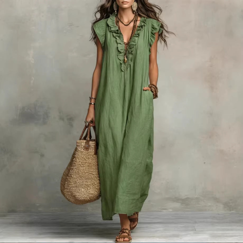 Vestido largo sin mangas para mujer: volantes elegantes y bolsillos prácticos