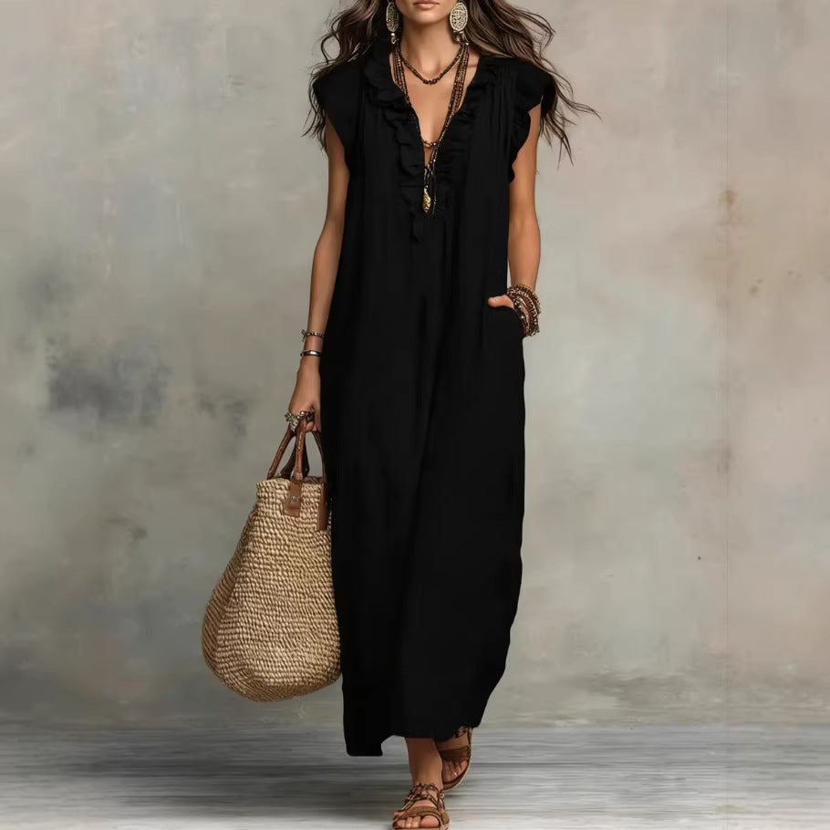 Vestido largo sin mangas para mujer: volantes elegantes y bolsillos prácticos