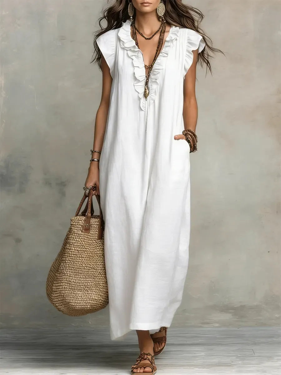 Vestido largo sin mangas para mujer: volantes elegantes y bolsillos prácticos