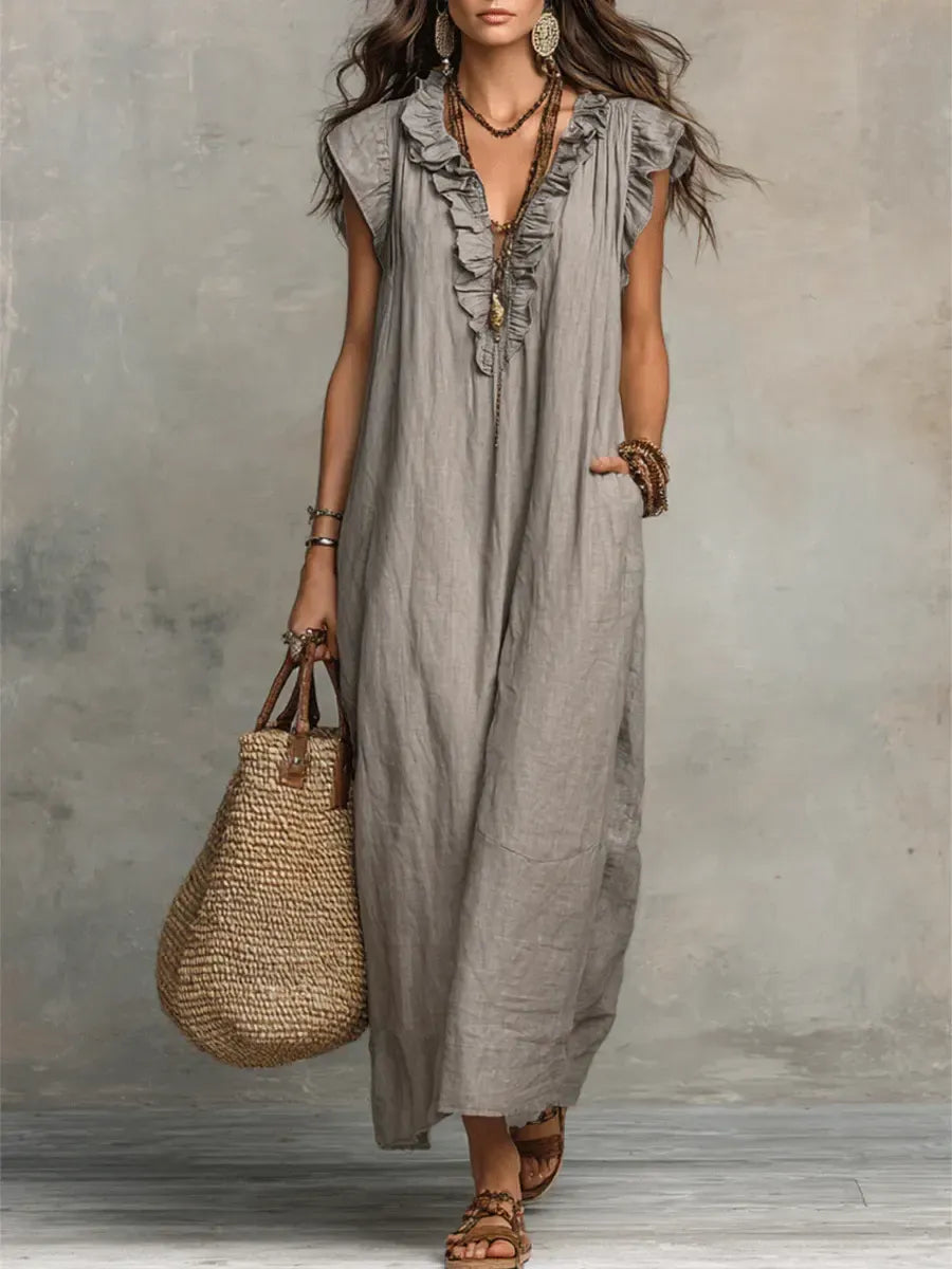 Vestido largo sin mangas para mujer: volantes elegantes y bolsillos prácticos