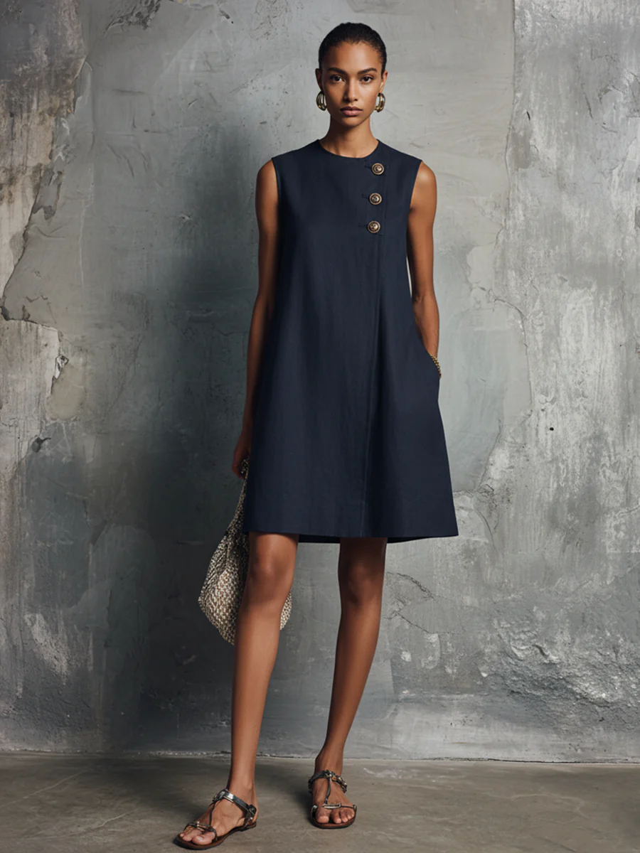 Vestido mini de mujer de estilo minimalista y profesional, de color azul marino, con cuello redondo, botones asimétricos, bolsillo lateral y sin mangas.
