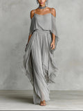 Isabelle | Gray Flowy Set with Spaghetti-Strap Top and Lightweight Pants
