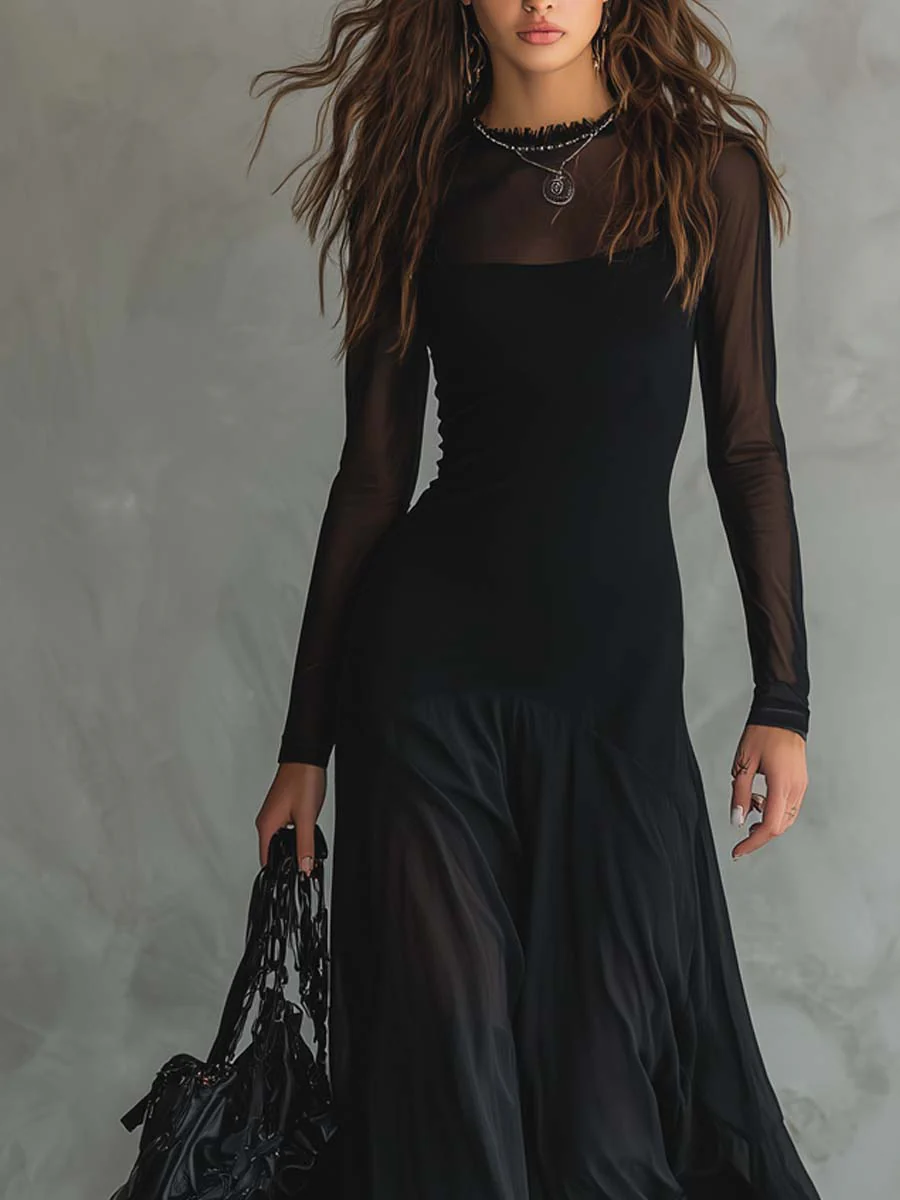 Elena – Black Loose-Fit Tulle Maxi Dress