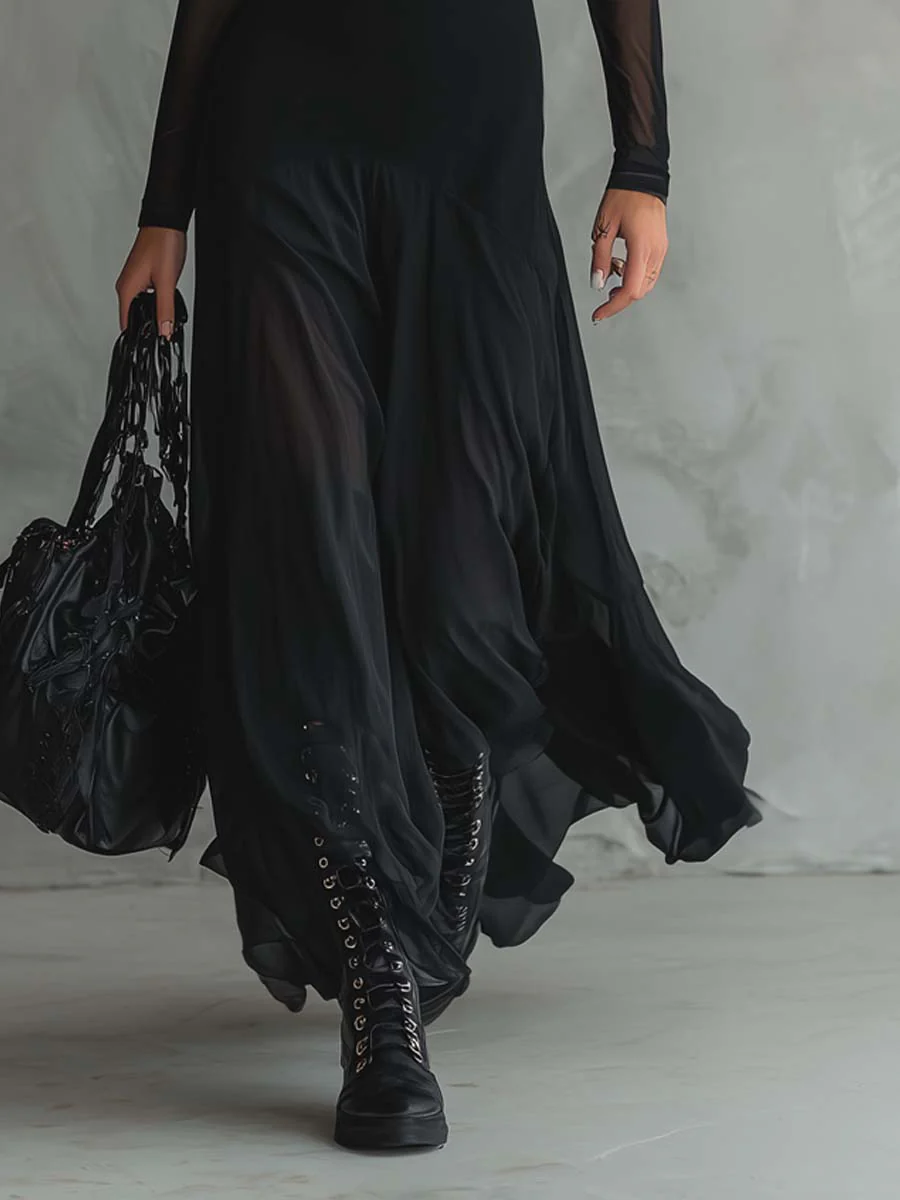Elena – Black Loose-Fit Tulle Maxi Dress