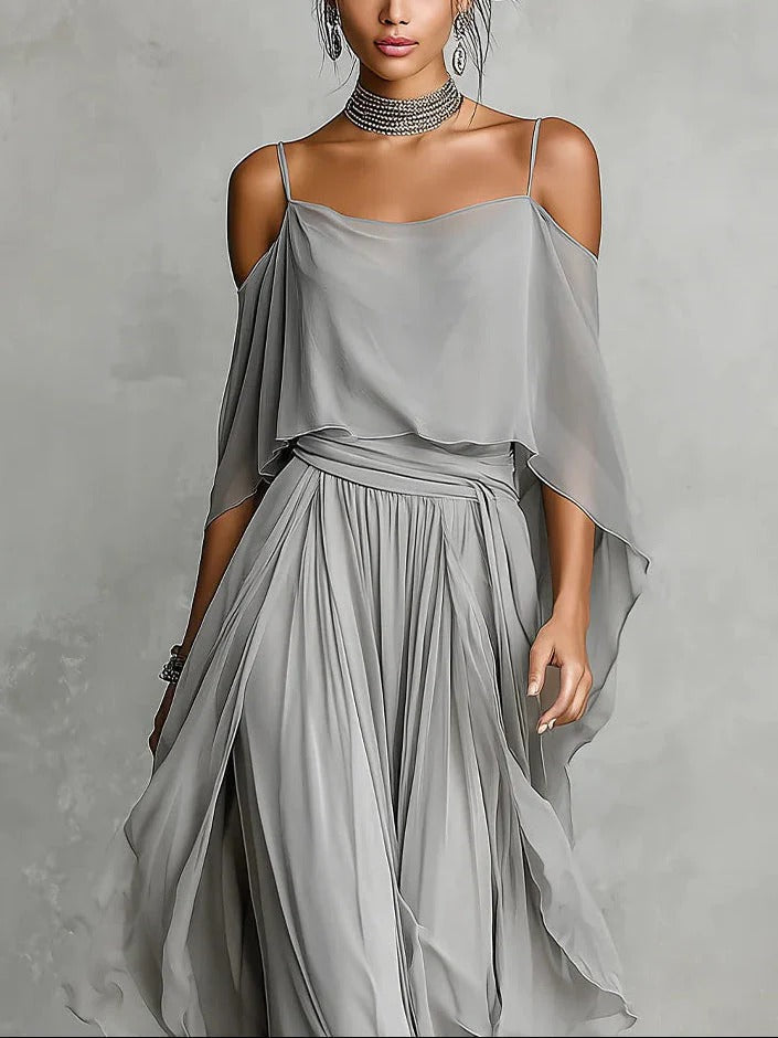 Isabelle | Gray Flowy Set with Spaghetti-Strap Top and Lightweight Pants