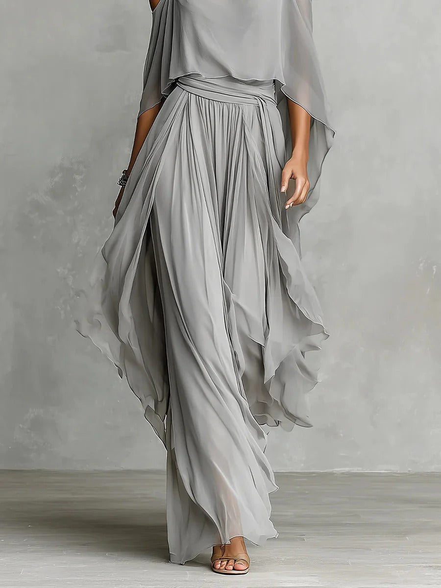Isabelle | Gray Flowy Set with Spaghetti-Strap Top and Lightweight Pants