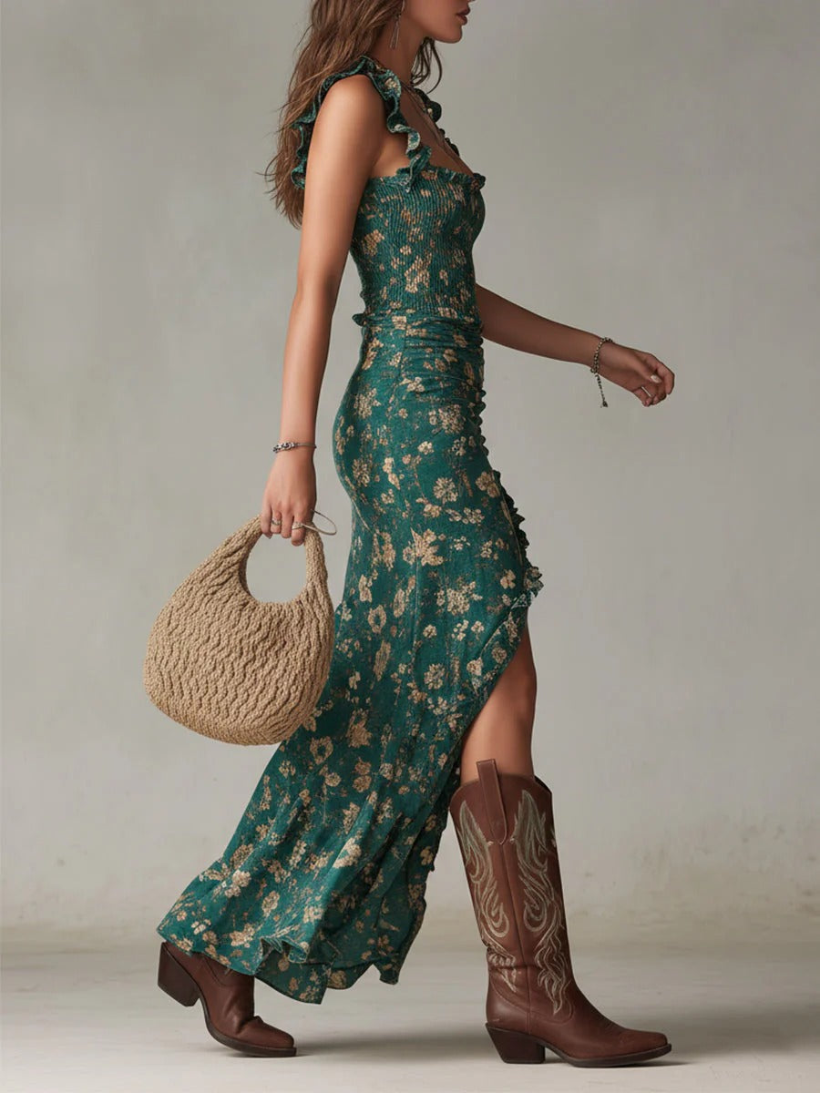 Zara | Ruched bohemian maxi dress with floral print and side slit