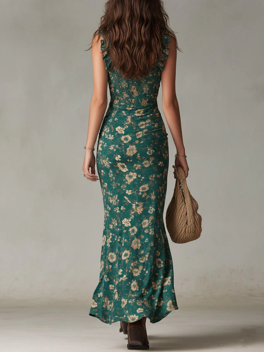 Zara | Boho Ruched Floral Maxi Dress with Side Split