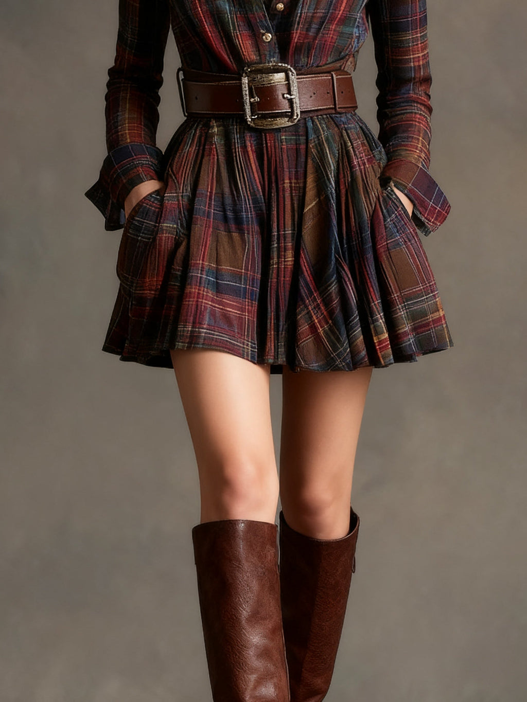Cannelle | Vintage Red and Brown Plaid Mini Dress (Belt Included)