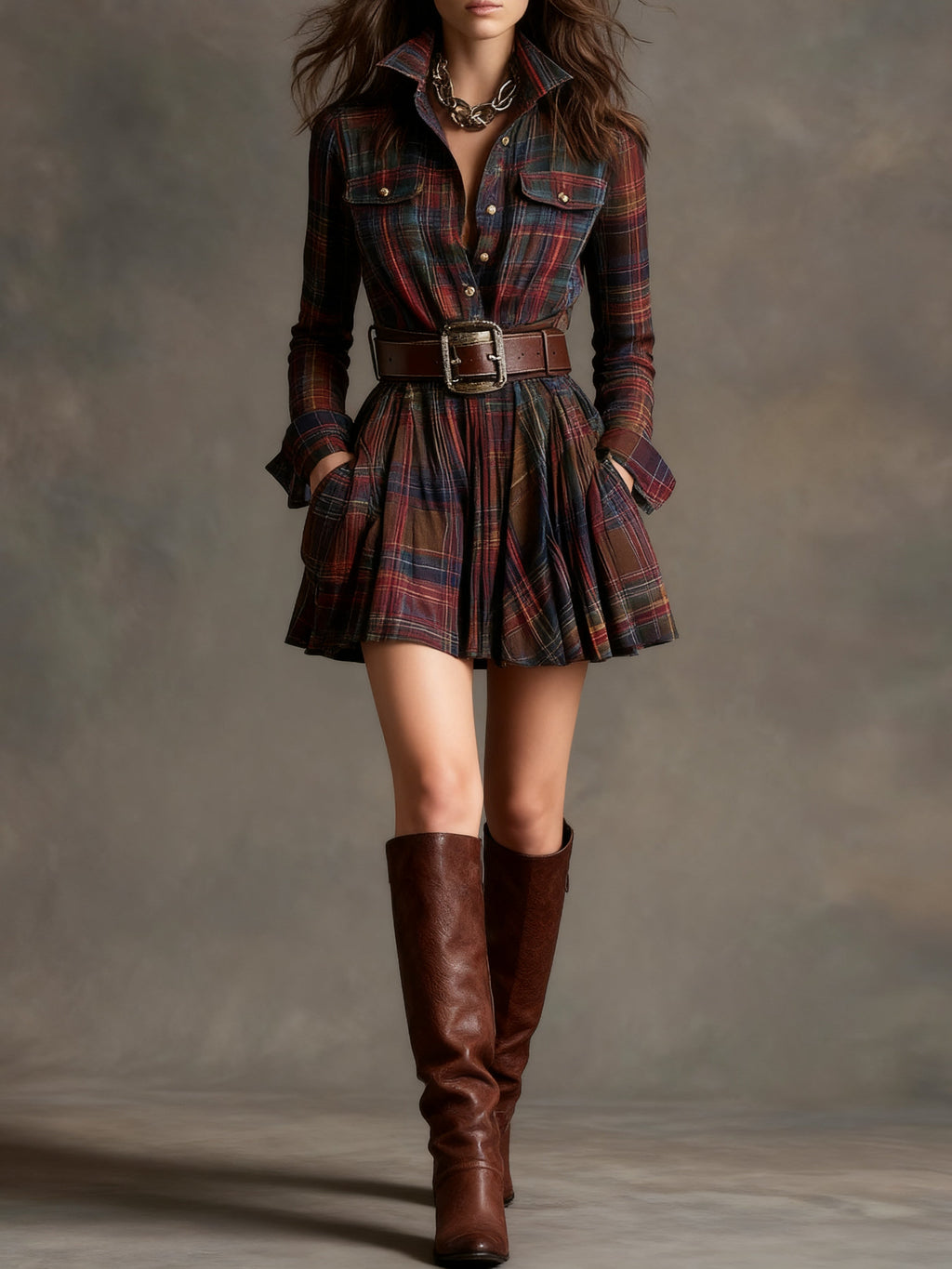 Cannelle | Vintage Red and Brown Plaid Mini Dress (Belt Included)