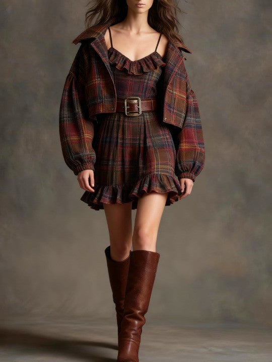 Marielle | Vintage Plaid and Stripe Mini Dress with Loose Jacket (Belt Included)