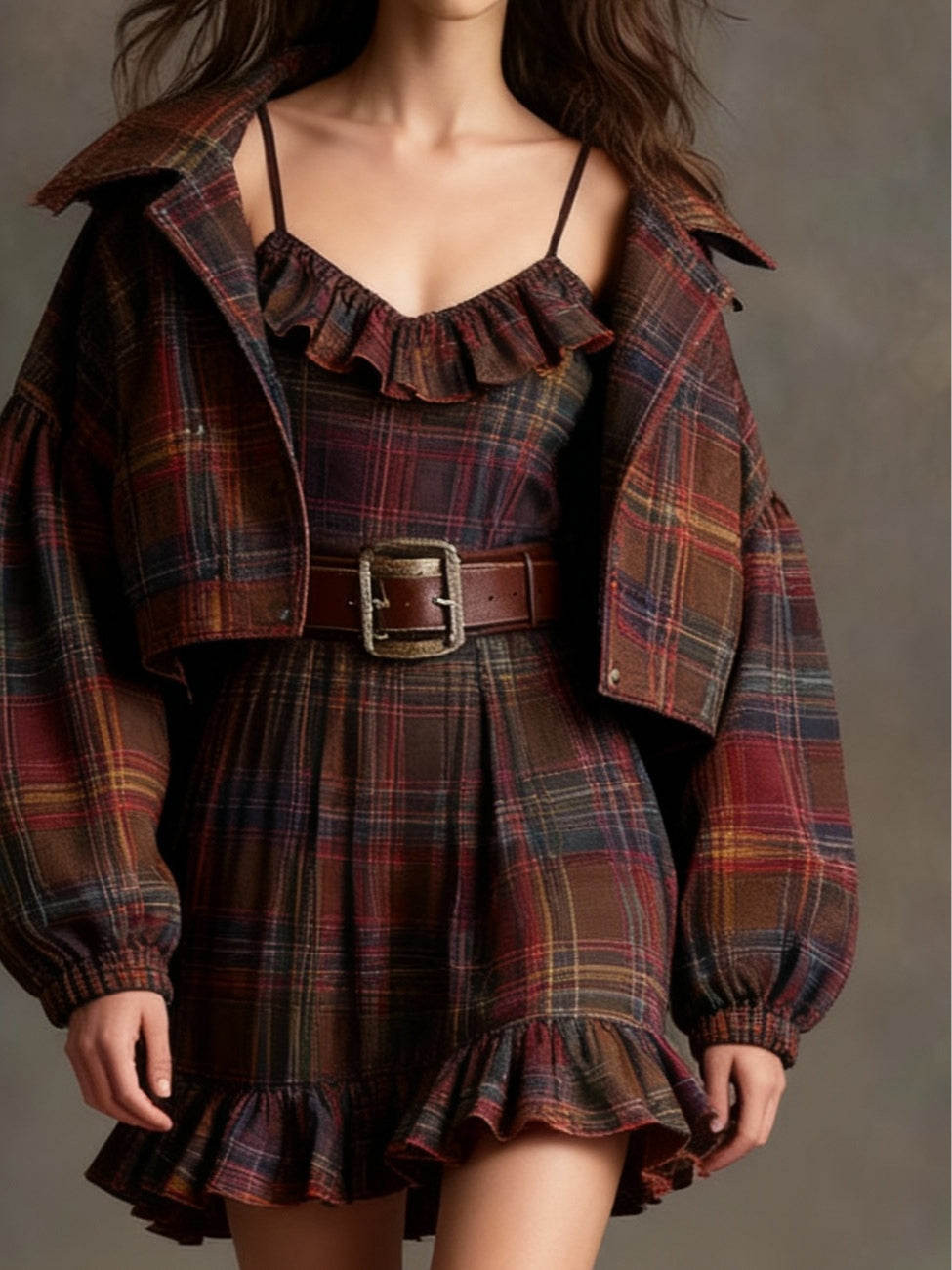 Marielle | Vintage Plaid and Stripe Mini Dress with Loose Jacket (Belt Included)