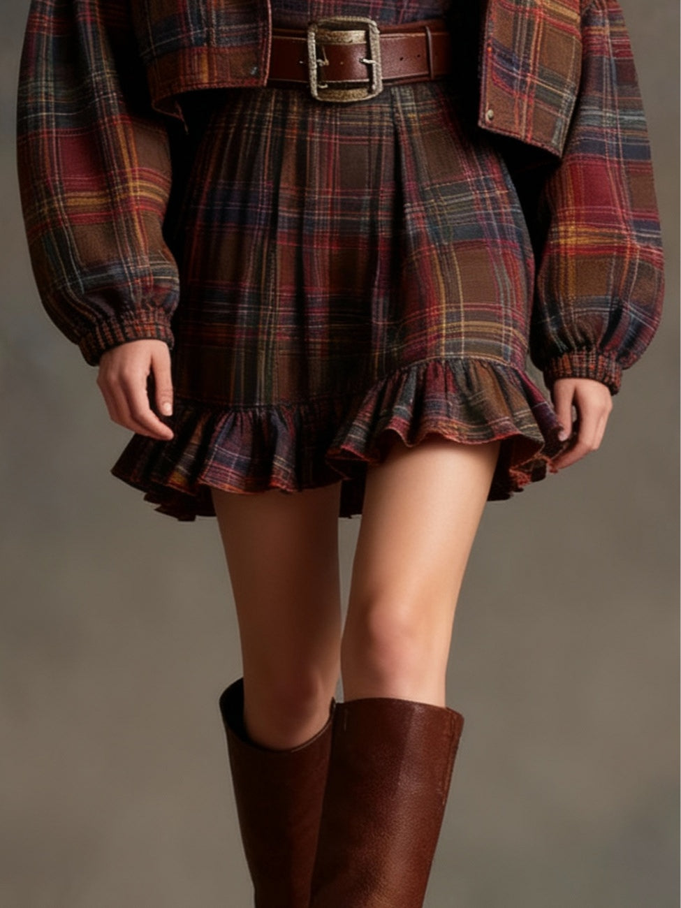 Marielle | Vintage Plaid and Stripe Mini Dress with Loose Jacket (Belt Included)