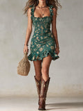 Mélodie | Green Boho Print Ruffle Mini Dress
