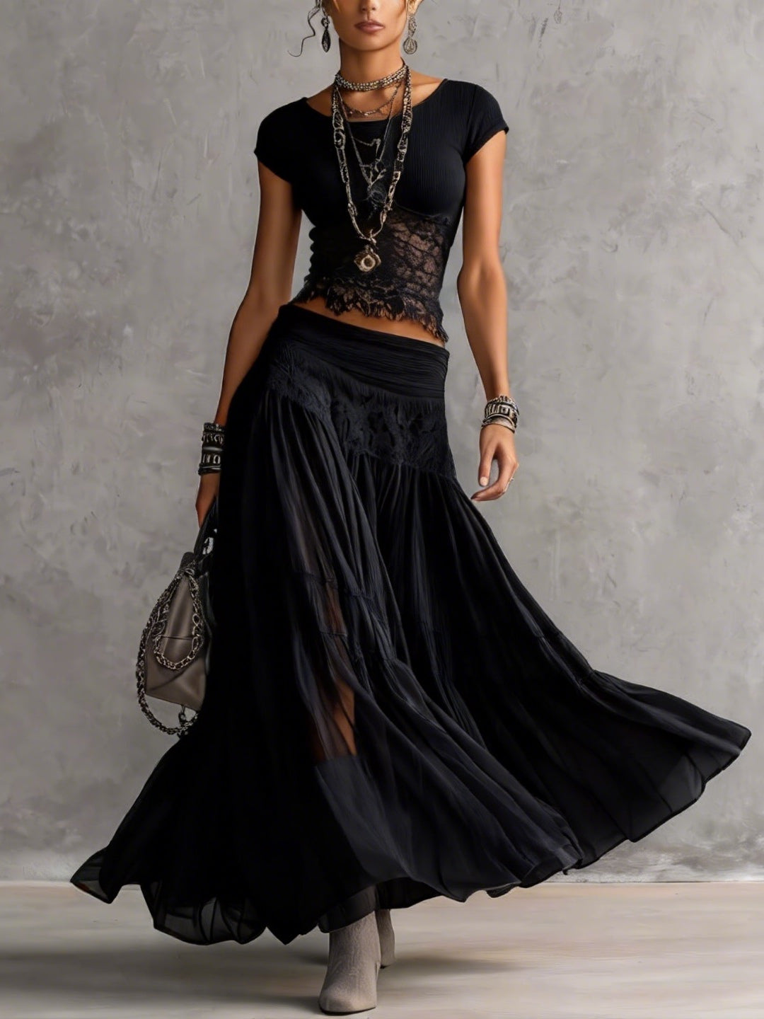 Juliette | Lace Top and Pleated Chiffon Skirt Set