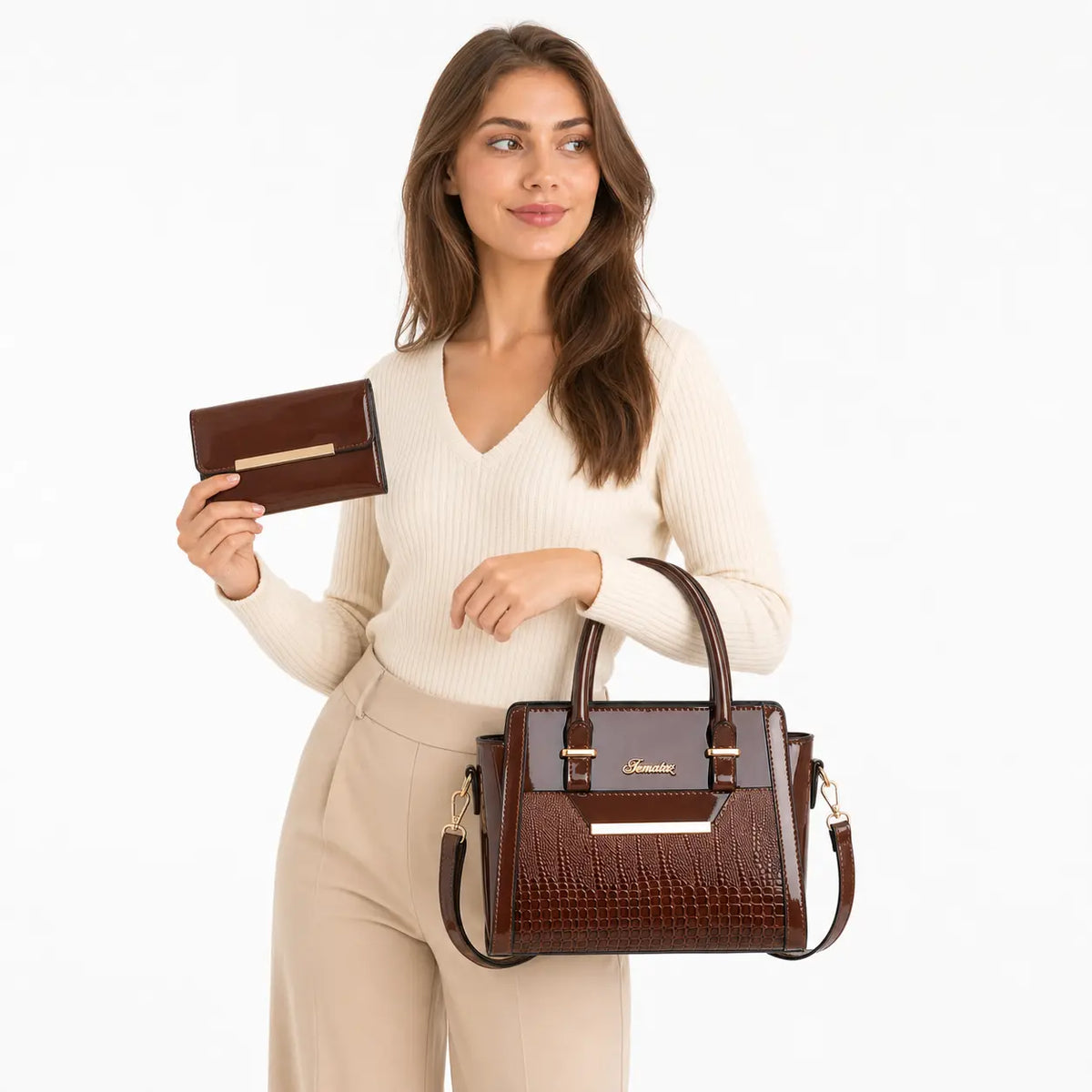 LEATHER BAG AND WALLET SET - CROC