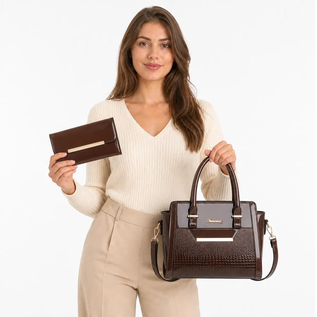 LEATHER BAG AND WALLET SET - CROC
