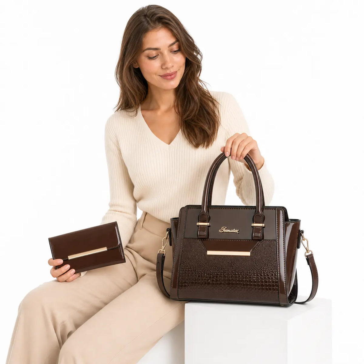 LEATHER BAG AND WALLET SET - CROC