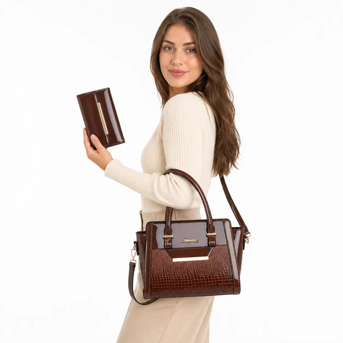 LEATHER BAG AND WALLET SET - CROC