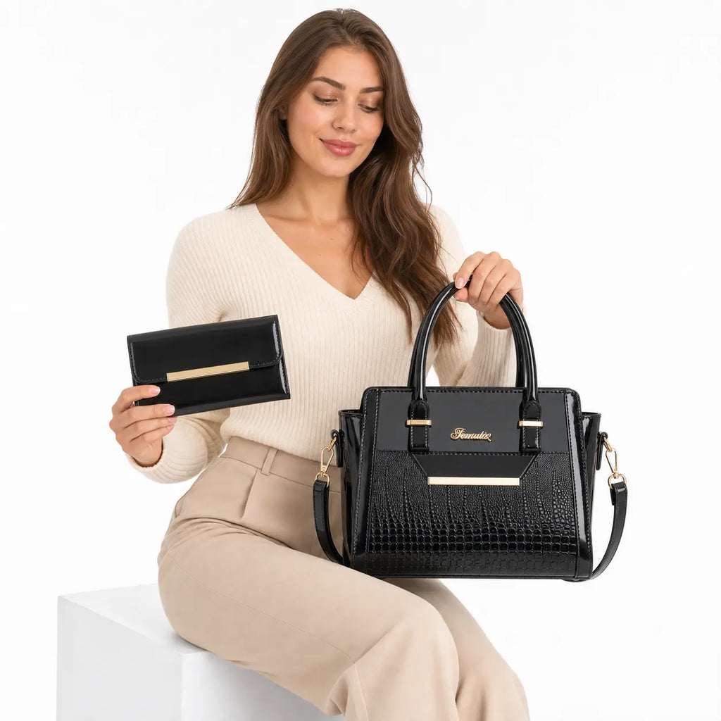 LEATHER BAG AND WALLET SET - CROC
