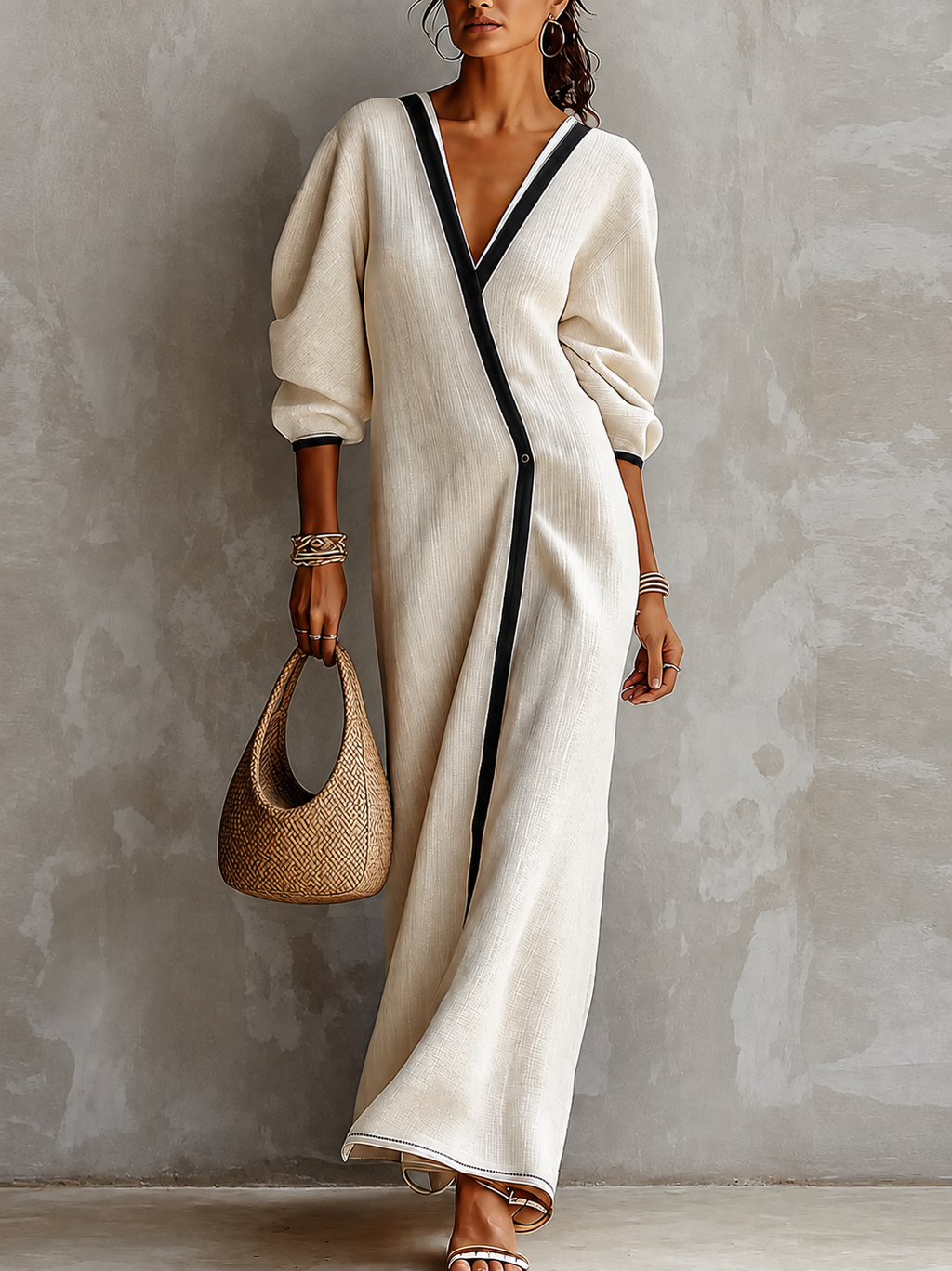 Abito Maxi Donna in Lino Beige con Scollo a V e Maniche a Lanternino con Rifiniture Nere