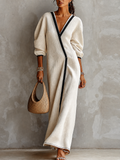 Abito Maxi Donna in Lino Beige con Scollo a V e Maniche a Lanternino con Rifiniture Nere