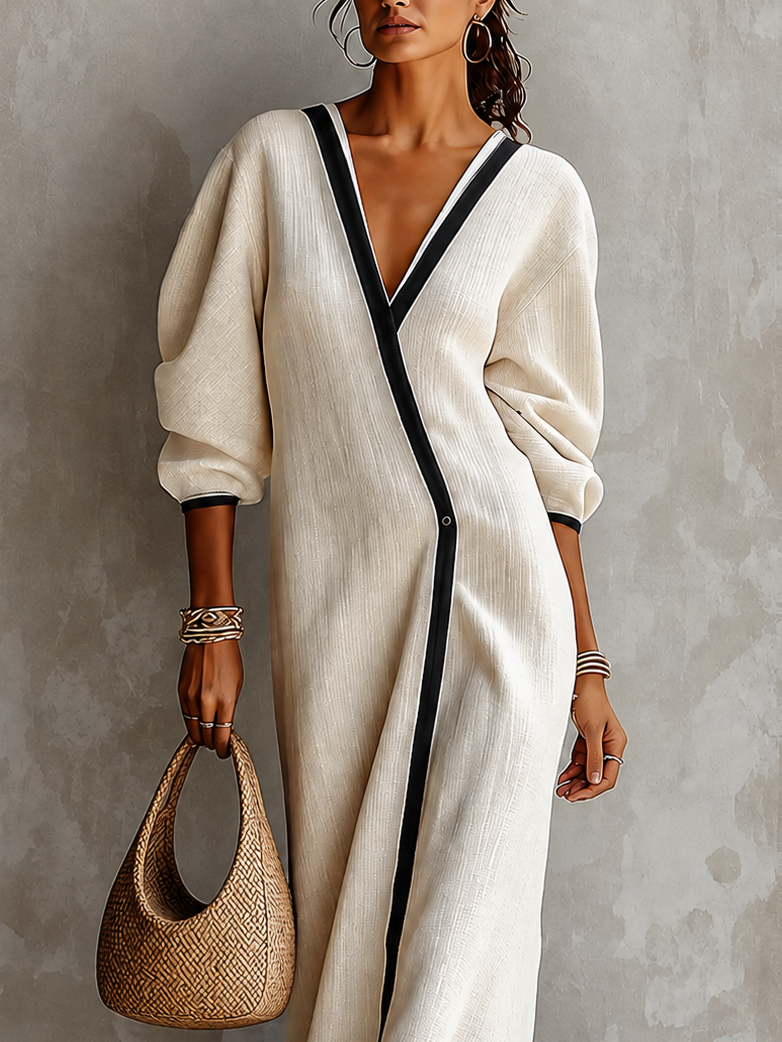 Abito Maxi Donna in Lino Beige con Scollo a V e Maniche a Lanternino con Rifiniture Nere