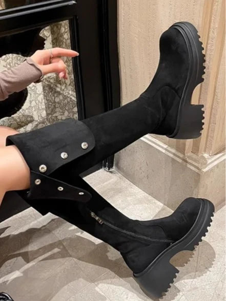 Nicole | Women's Block Heel Knee High Suede Biker Boots with Side Zip