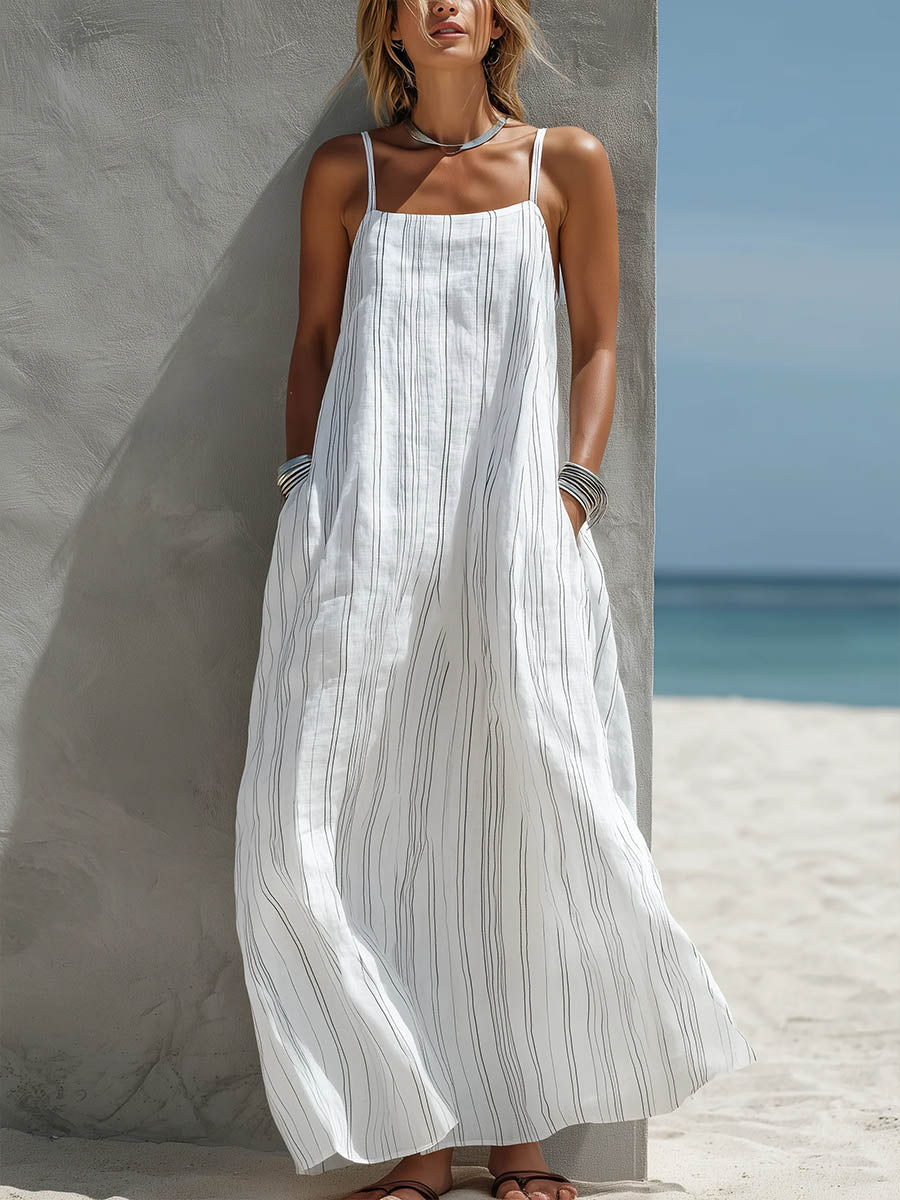 Women’s Casual Summer Cotton-Linen Dress with Striped Print