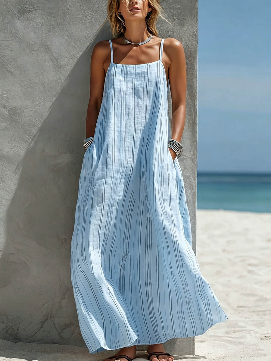 Women’s Casual Summer Cotton-Linen Dress with Striped Print