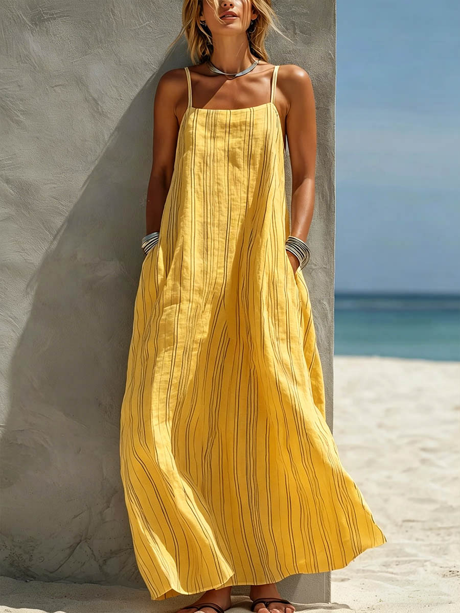 Women’s Casual Summer Cotton-Linen Dress with Striped Print