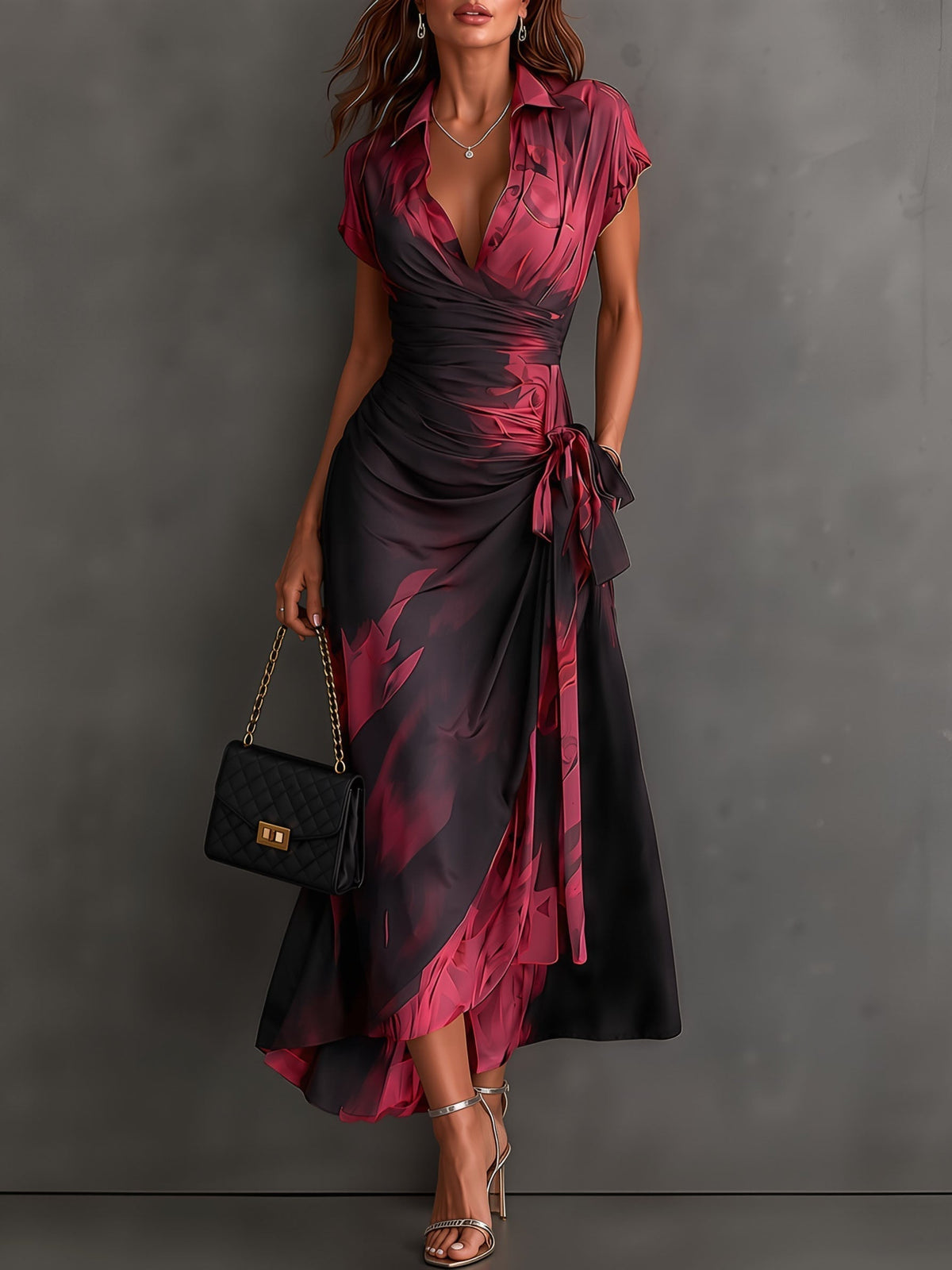 Rosanna | Vestido midi cruzado con estampado abstracto, escote en V, manga corta, cinturón y bajo asimétrico con olán