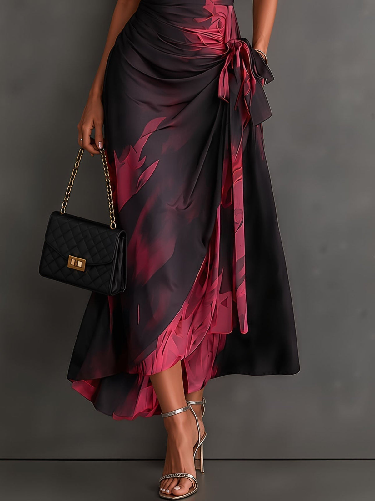 Rosanna | Vestido midi cruzado con estampado abstracto, escote en V, manga corta, cinturón y bajo asimétrico con olán