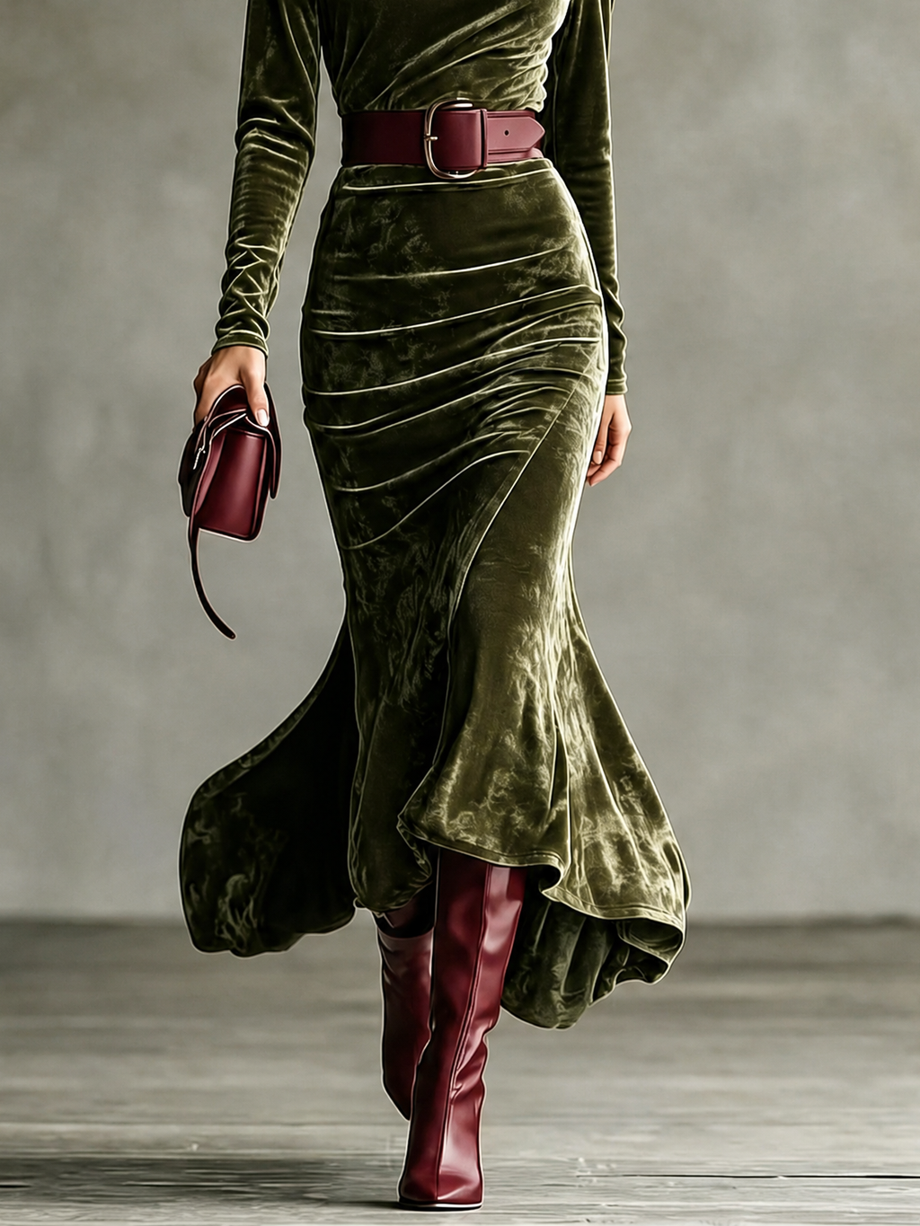 Fabrizia | Abito Maxi in Velluto a Maniche Lunghe a Sirena
